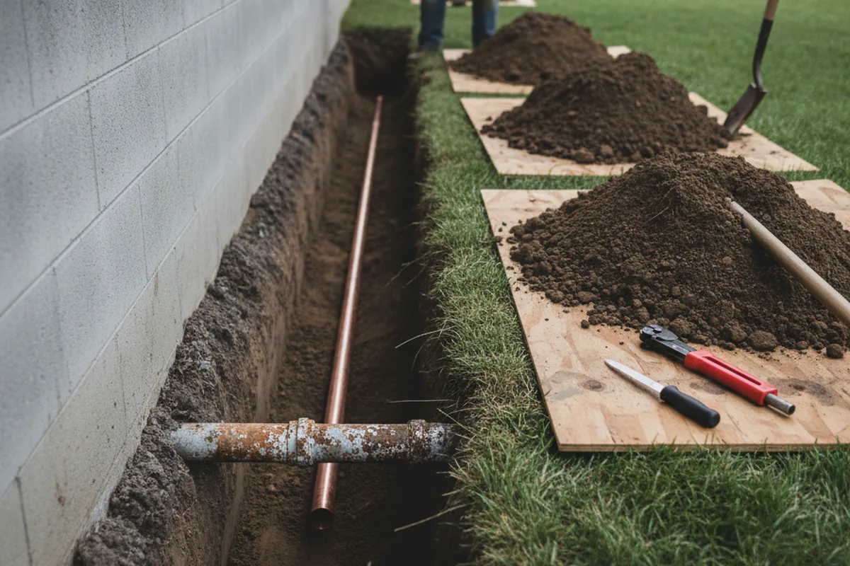 Excavated water line trench during Sewer Line Repair in Sturgeon